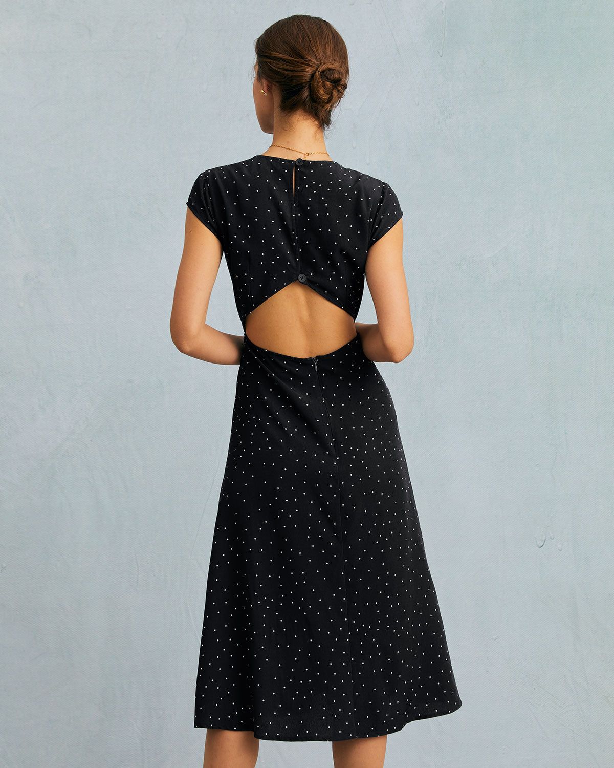 The Black Round Neck Polka Dot Cutout Midi Dress sold by rihoas product image thumbnail 3