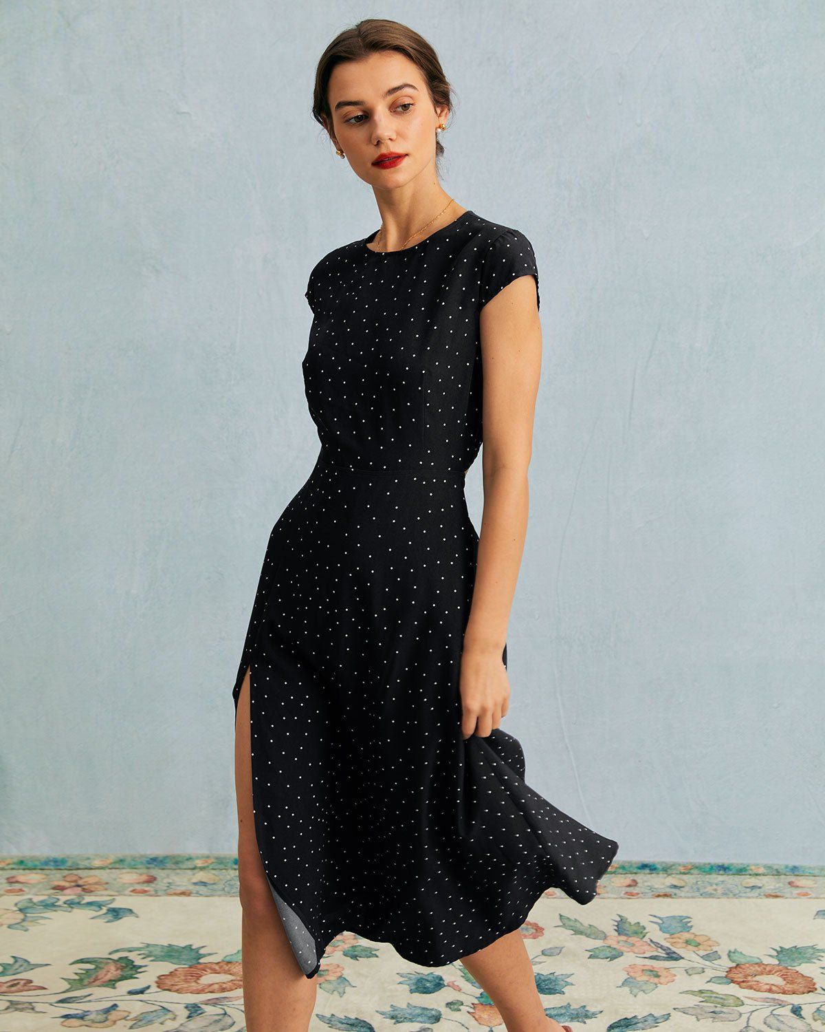 The Black Round Neck Polka Dot Cutout Midi Dress sold by rihoas product image thumbnail 2