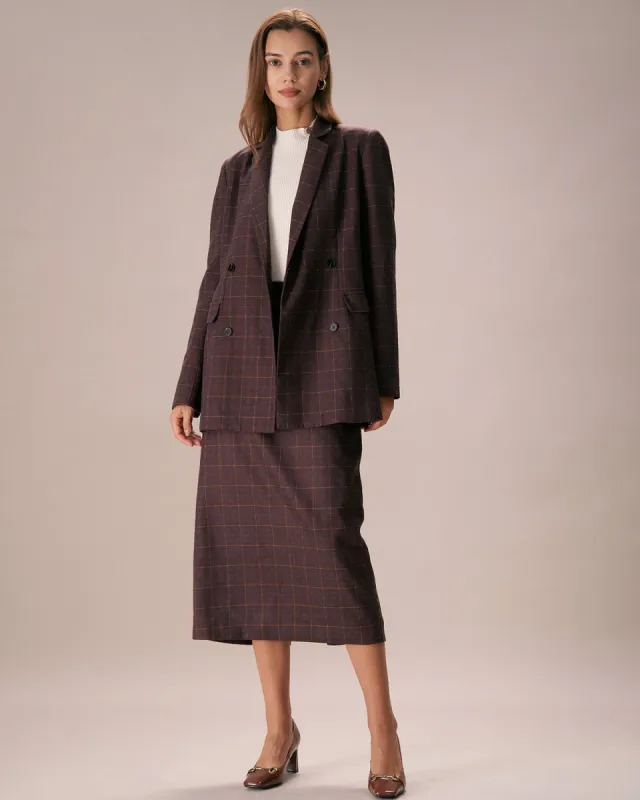 The Coffee Lapel Double Breasted Plaid Blazer sold by rihoas