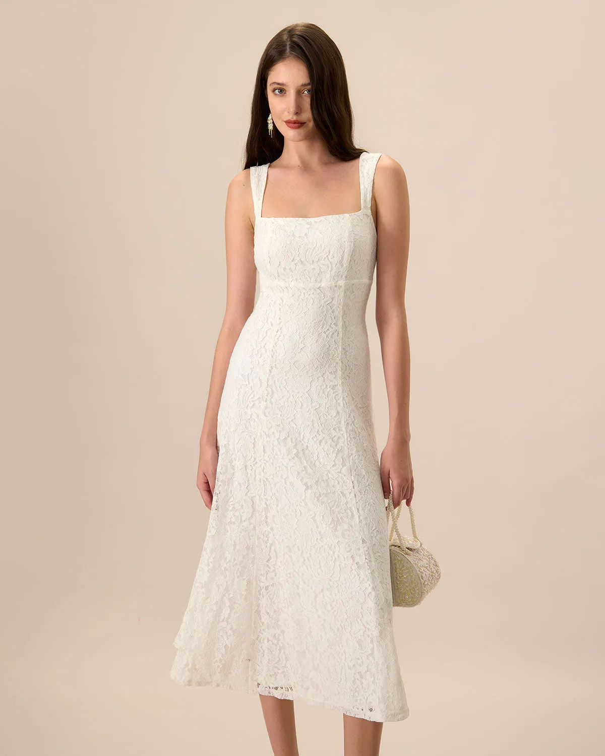Women's White Lace Slip Midi Dress sold by rihoas
