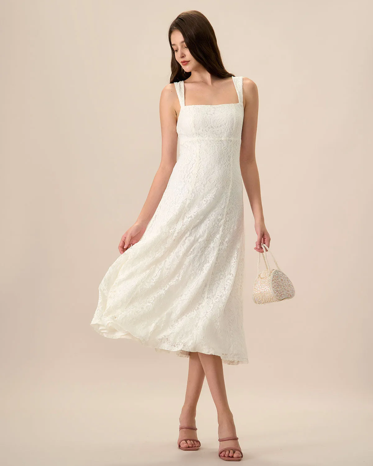 Women's White Lace Slip Midi Dress sold by rihoas product image thumbnail 4