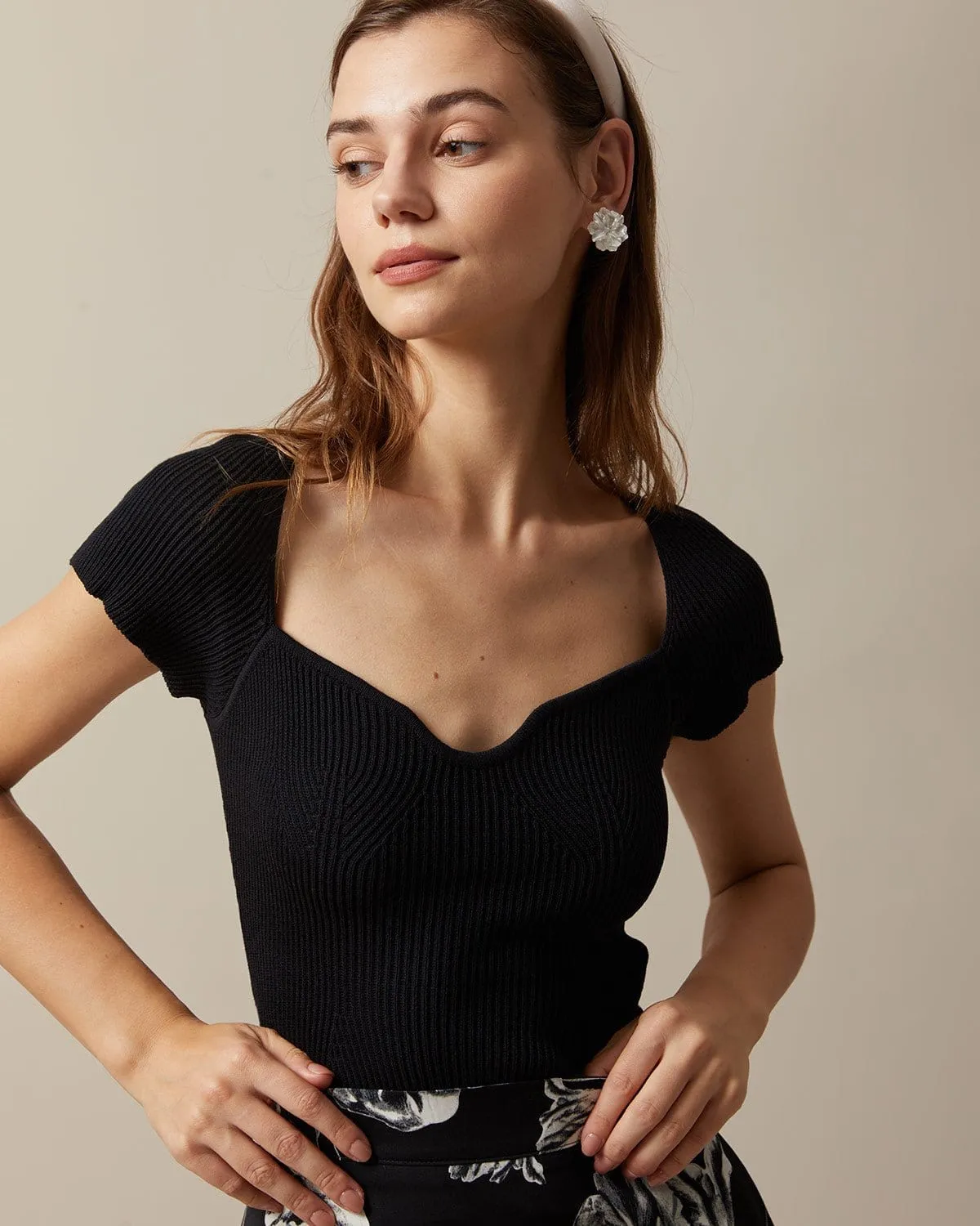 The Black Square Neck Short Sleeve Knit Top sold by rihoas