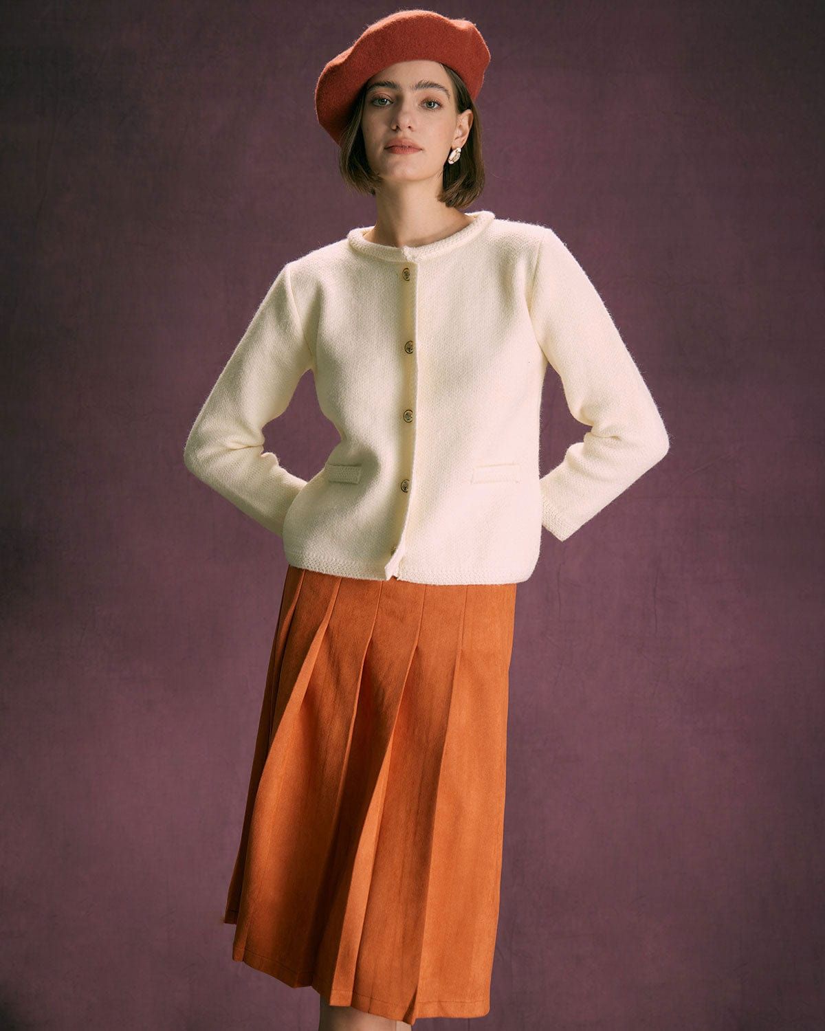 The White Round Neck Button Up Cardigan sold by rihoas product image thumbnail 3