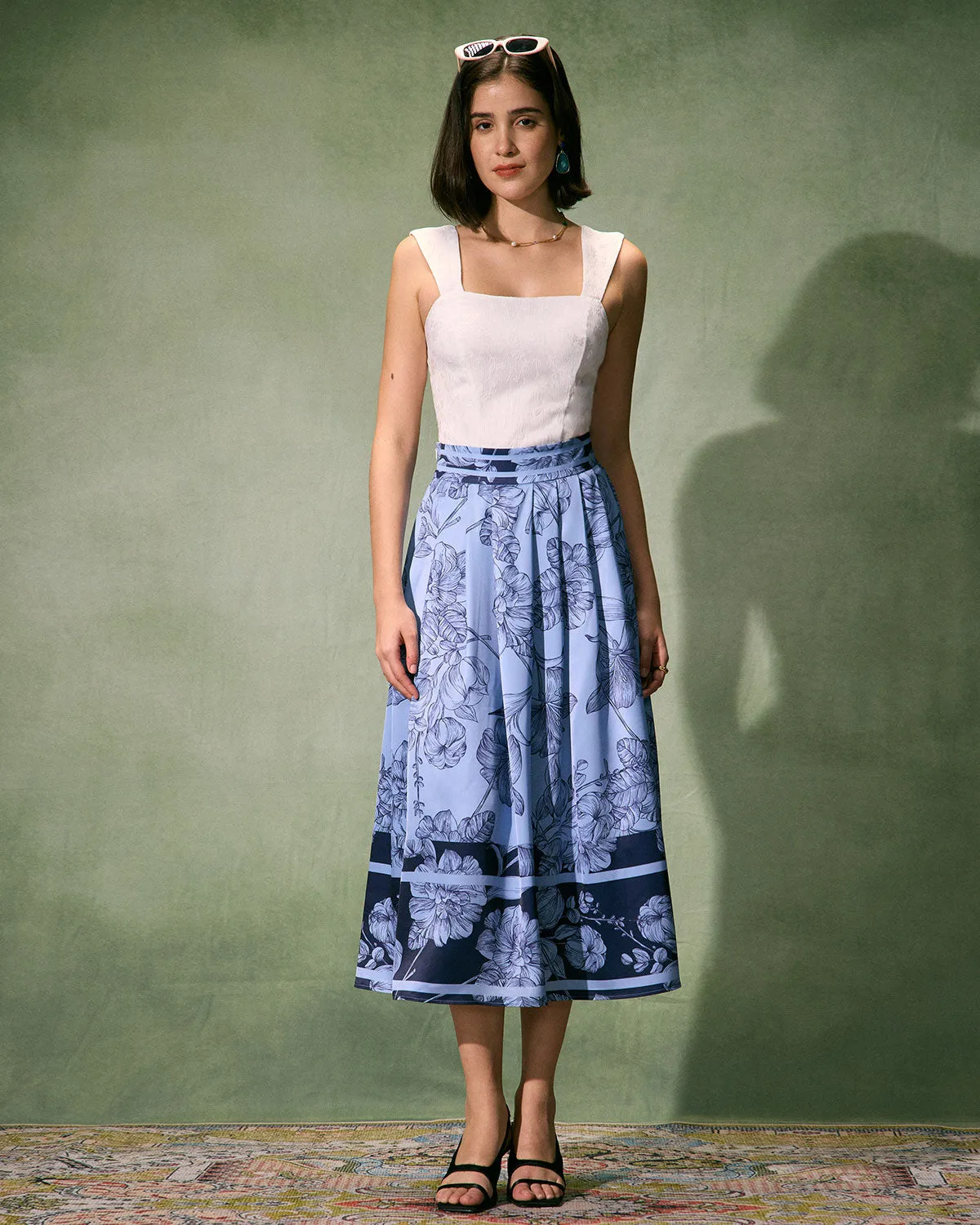 The Blue High-Waisted Pleated Floral Midi Skirt sold by rihoas product image thumbnail 2