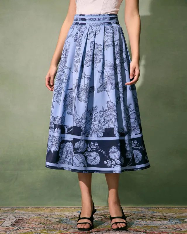 The Blue High-Waisted Pleated Floral Midi Skirt sold by rihoas