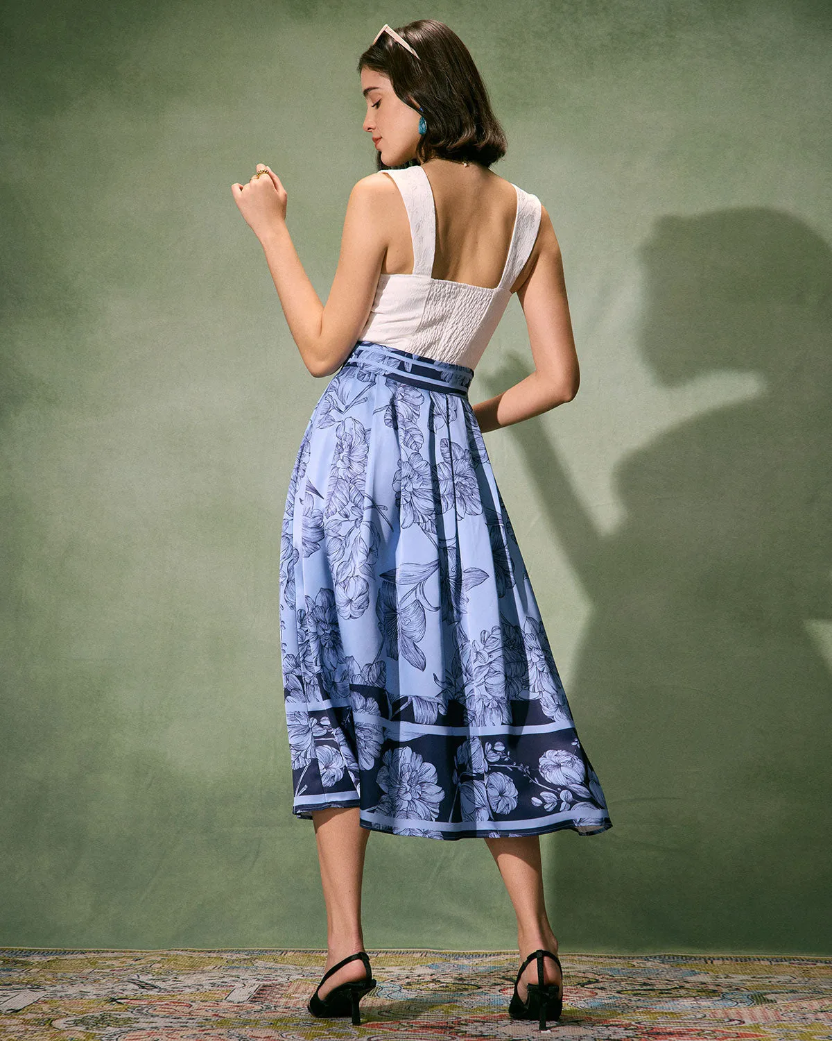 The Blue High-Waisted Pleated Floral Midi Skirt sold by rihoas product image thumbnail 5