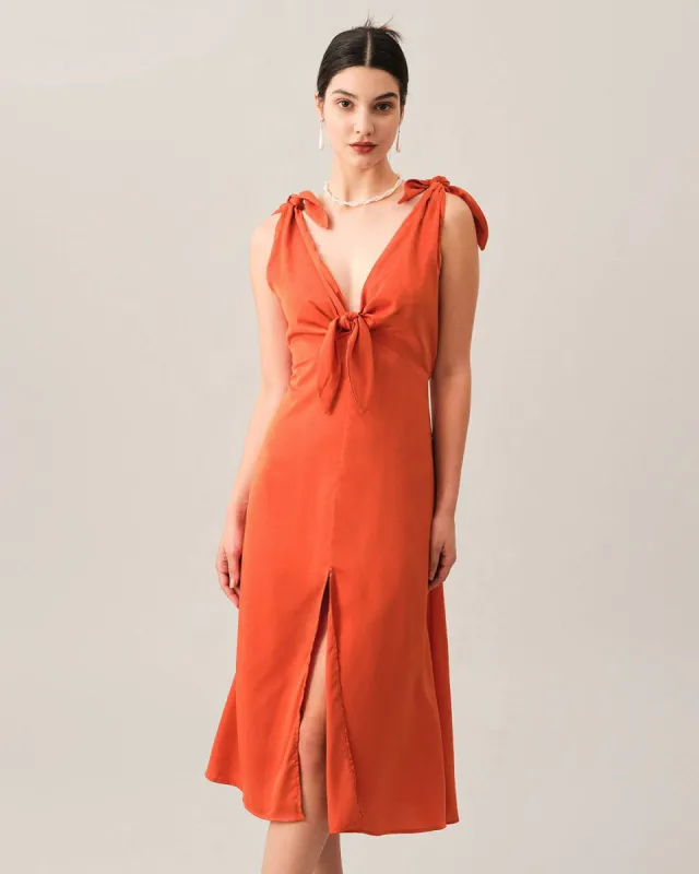 The Satin Tie V Neck Midi Dress sold by rihoas
