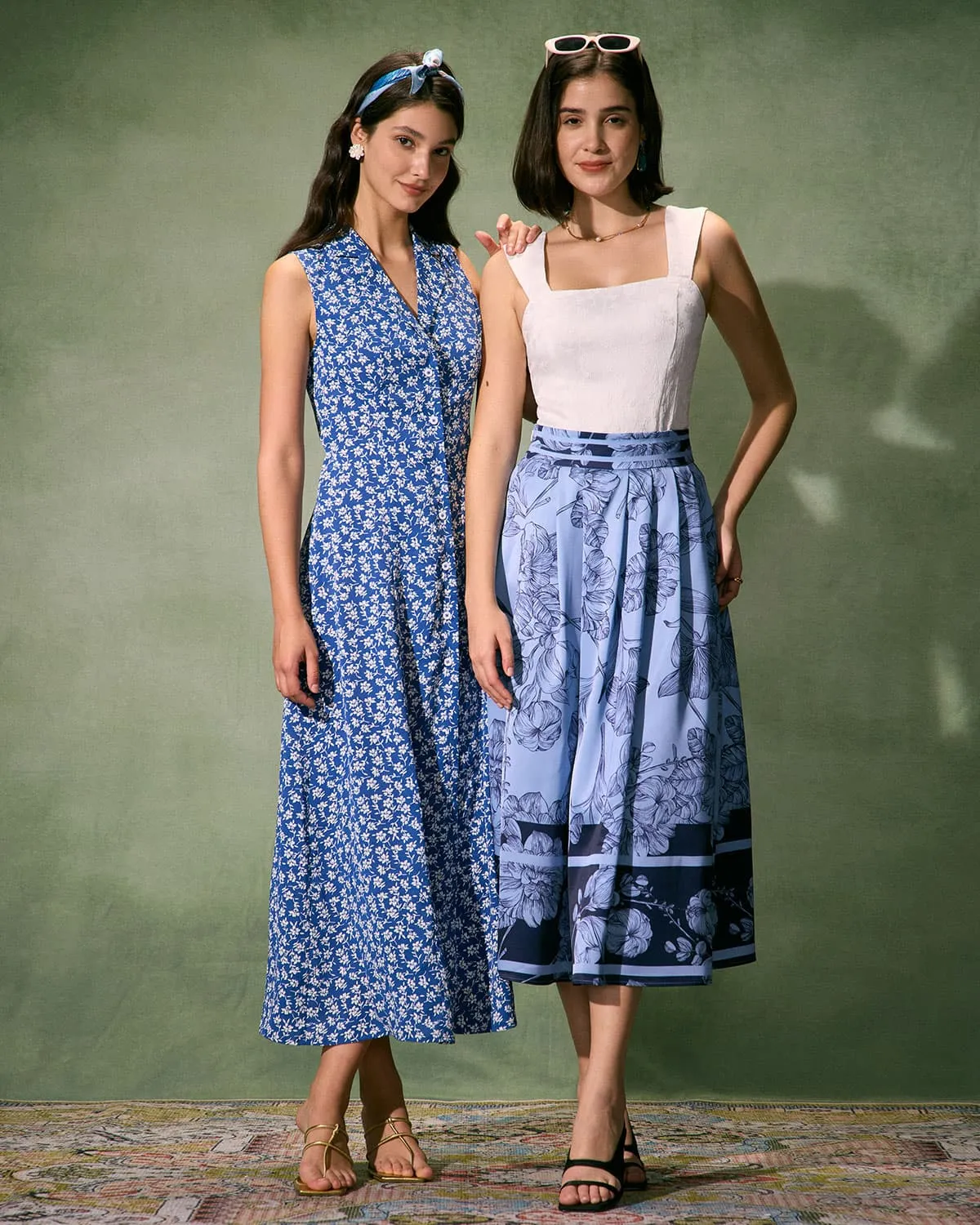 The Blue High-Waisted Pleated Floral Midi Skirt sold by rihoas product image thumbnail 3