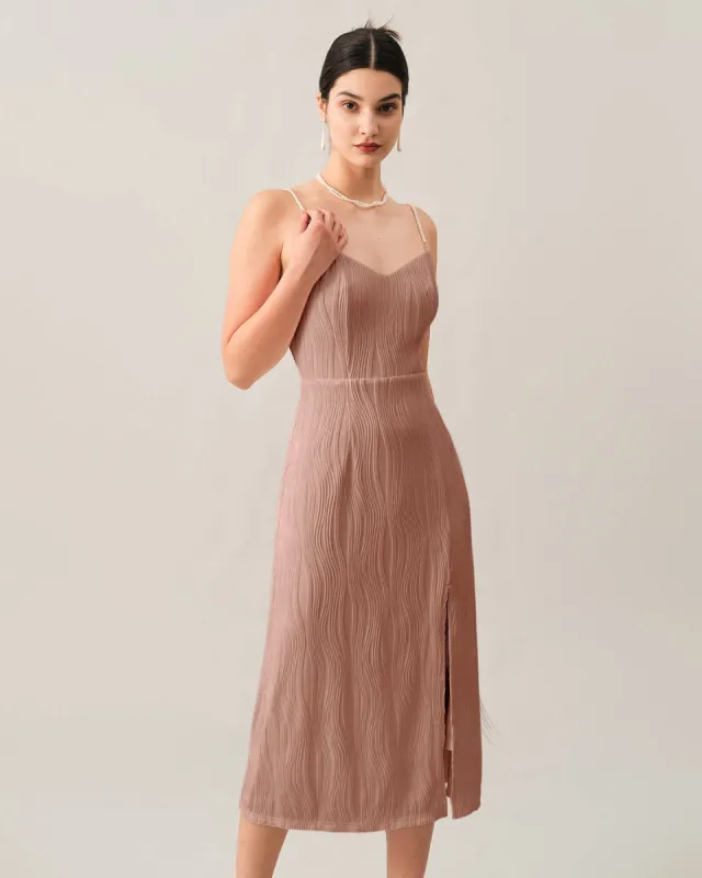The Pink Wave Textured Pearl Strap Midi Dress sold by rihoas