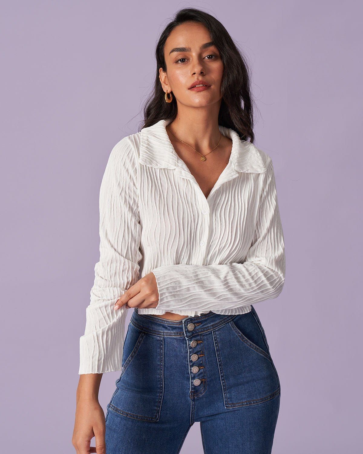 The White Lapel Wave Textured Button Shirt sold by rihoas