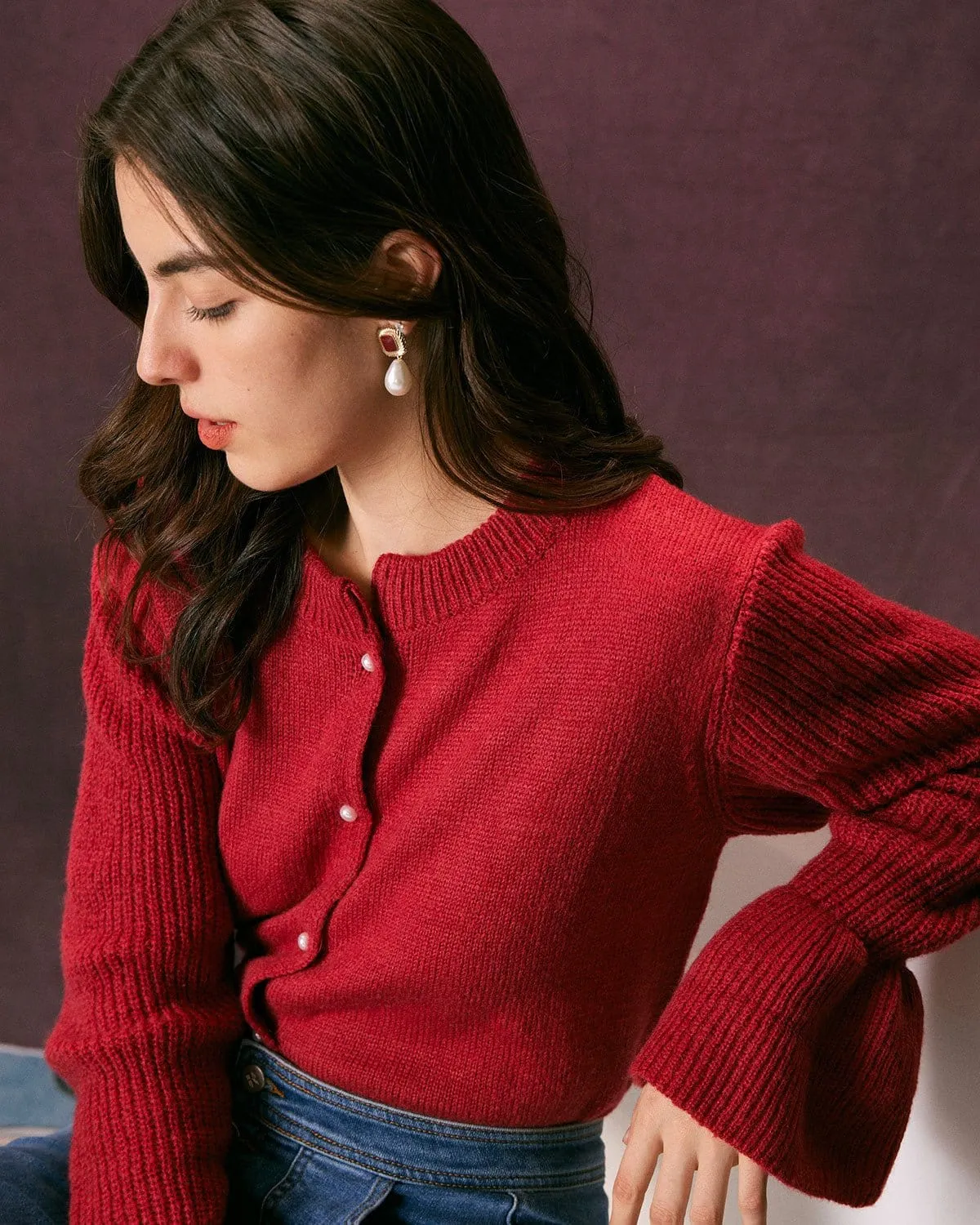 The Red Round Neck Butterfly Sleeve Cardigan sold by rihoas product image thumbnail 4