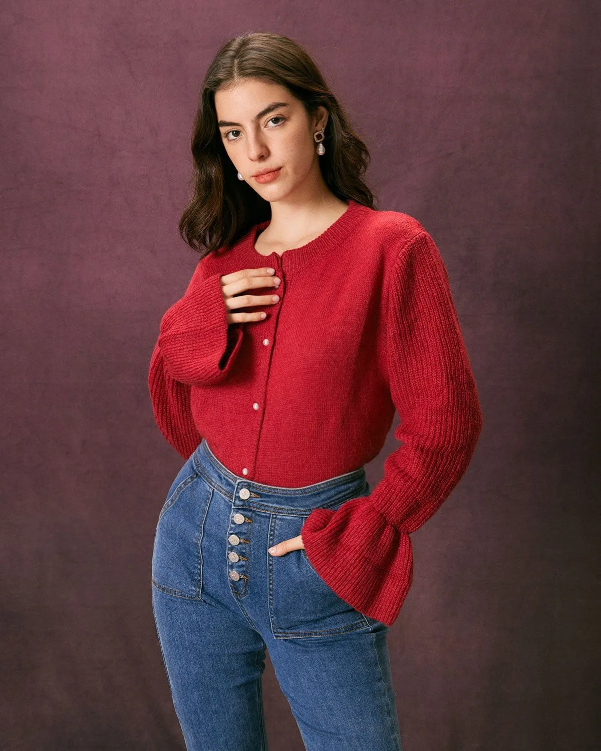The Red Round Neck Butterfly Sleeve Cardigan sold by rihoas