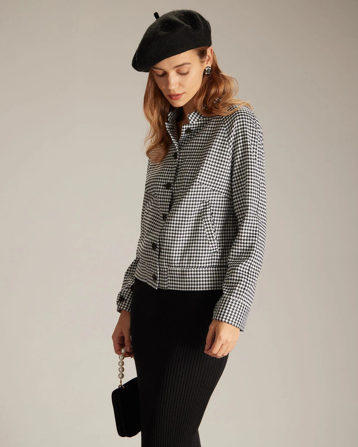 The Black Mock Neck Houndstooth Jacket sold by rihoas product image thumbnail 3