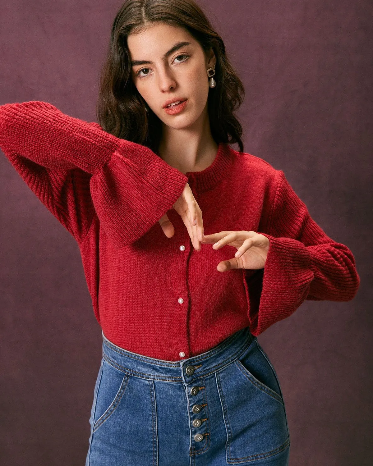 The Red Round Neck Butterfly Sleeve Cardigan sold by rihoas product image thumbnail 3