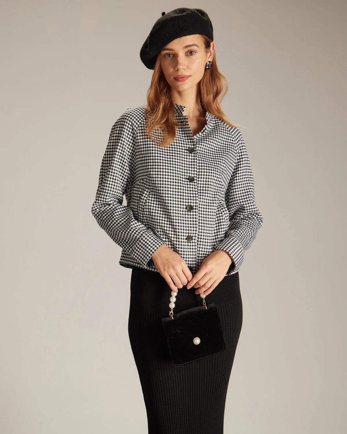 The Black Mock Neck Houndstooth Jacket sold by rihoas