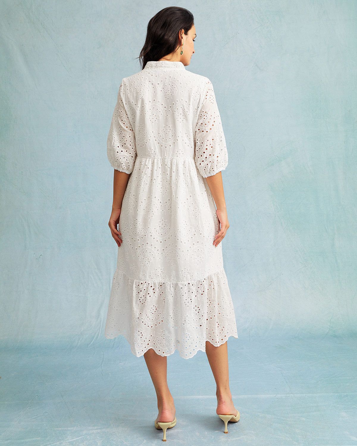 The White V Neck Embroidered Cutout Midi Dress sold by rihoas product image thumbnail 6