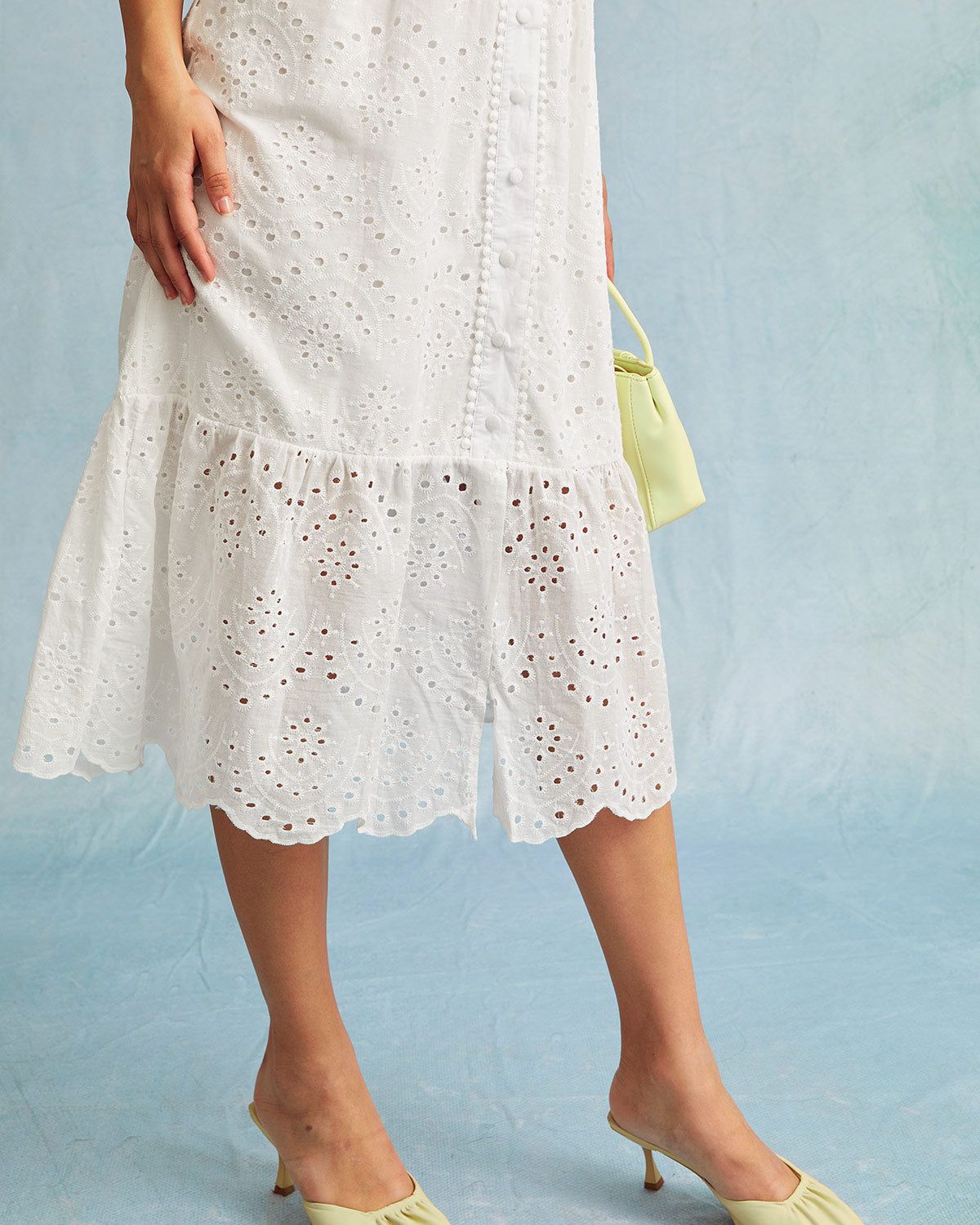 The White V Neck Embroidered Cutout Midi Dress sold by rihoas product image thumbnail 5