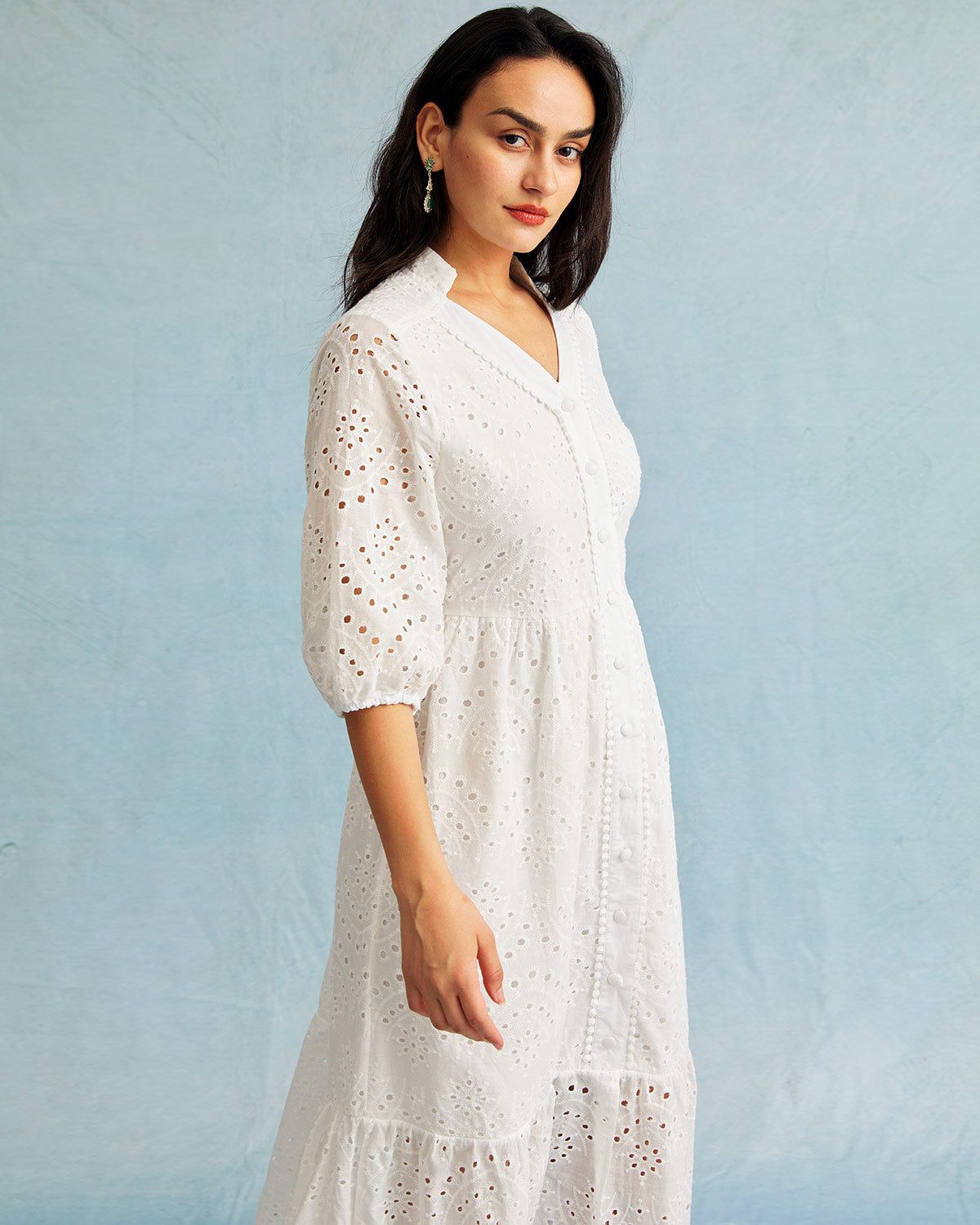 The White V Neck Embroidered Cutout Midi Dress sold by rihoas product image thumbnail 3