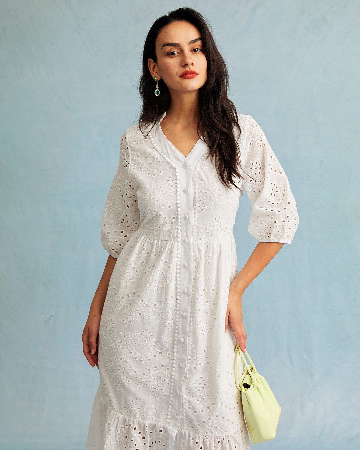 The White V Neck Embroidered Cutout Midi Dress sold by rihoas product image thumbnail 2