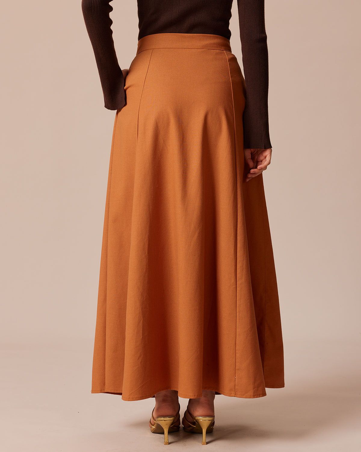 The Orange High Waisted Pockets Midi Skirt sold by rihoas product image thumbnail 5