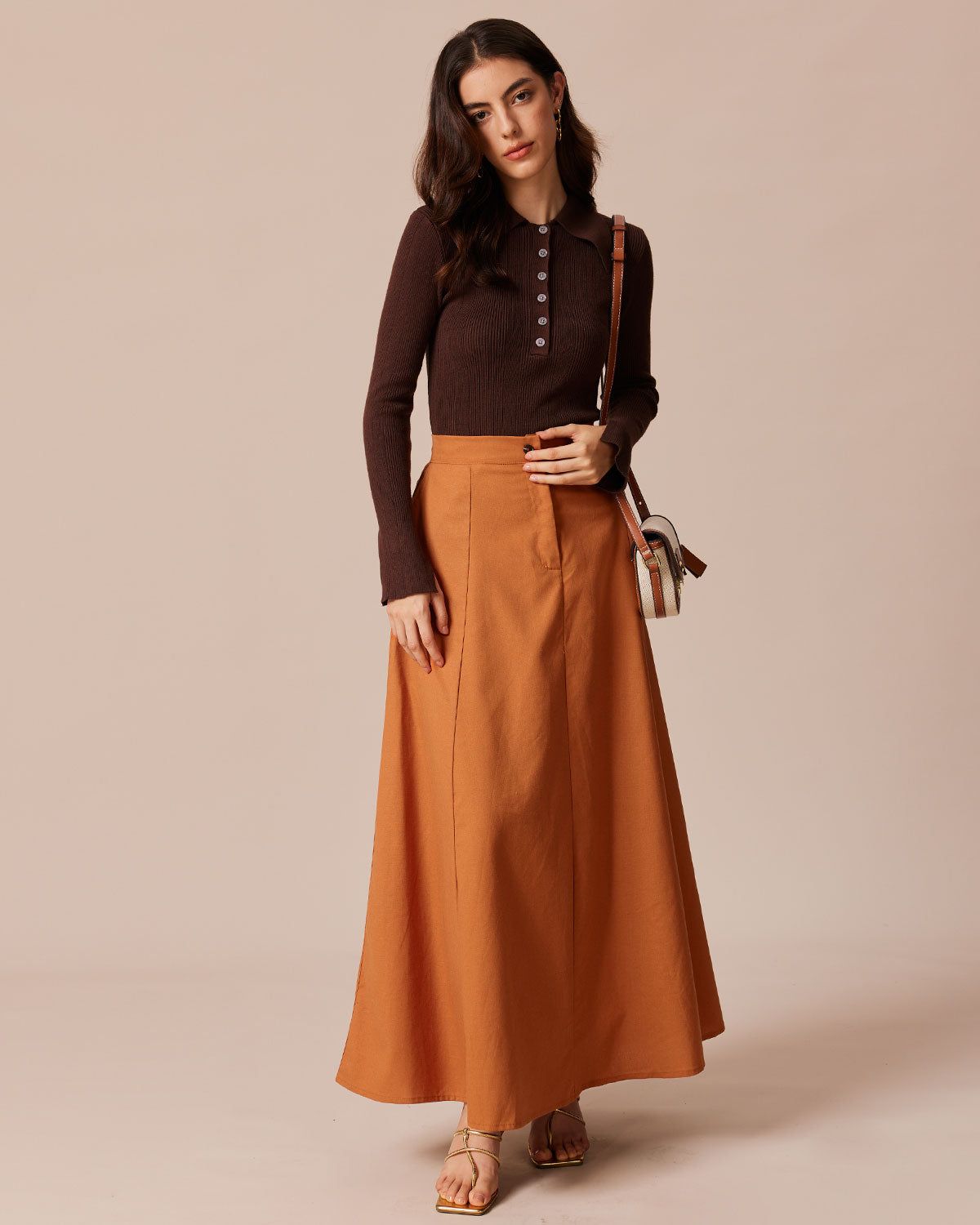 The Orange High Waisted Pockets Midi Skirt sold by rihoas product image thumbnail 2