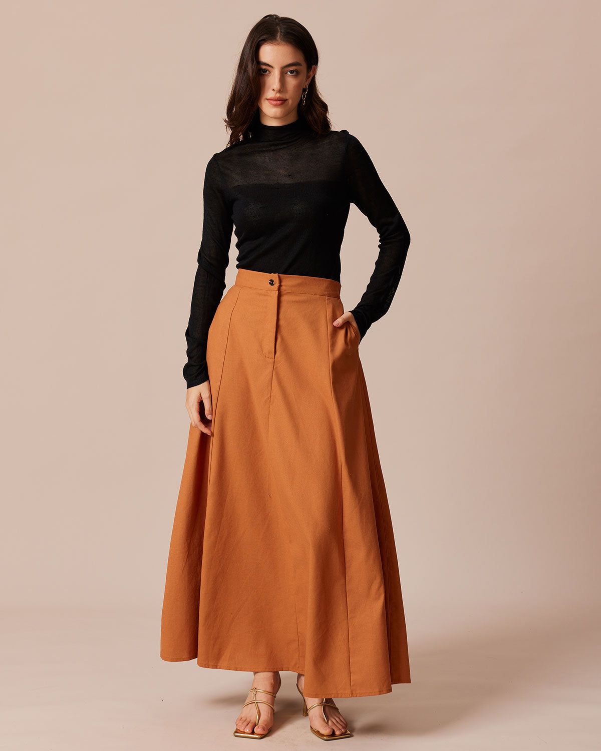 The Orange High Waisted Pockets Midi Skirt sold by rihoas product image thumbnail 6