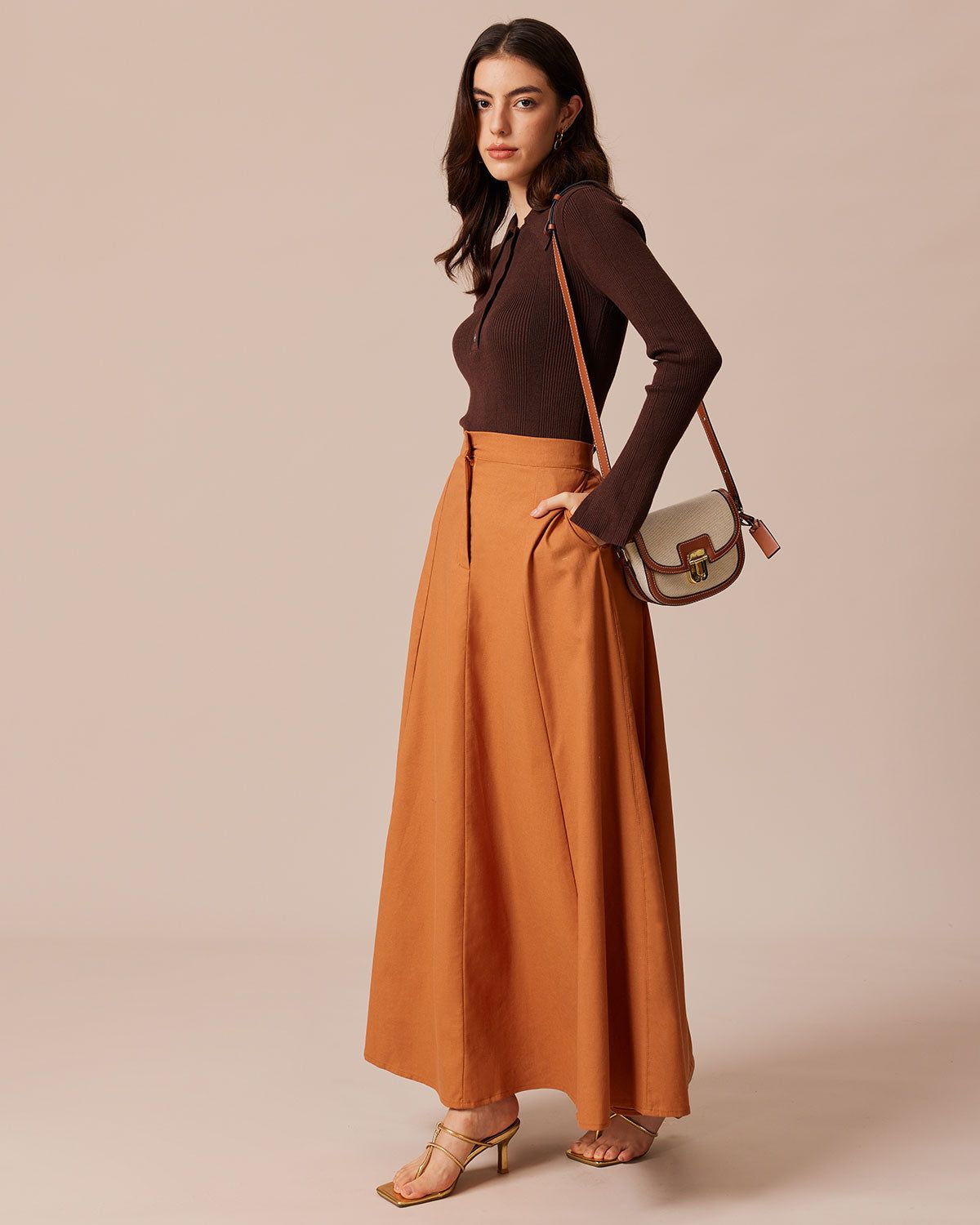 The Orange High Waisted Pockets Midi Skirt sold by rihoas product image thumbnail 3