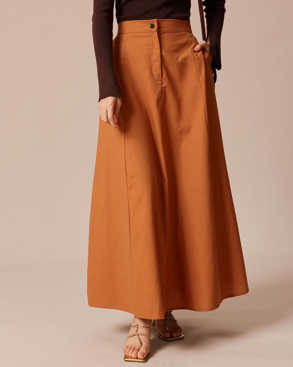 The Orange High Waisted Pockets Midi Skirt sold by rihoas