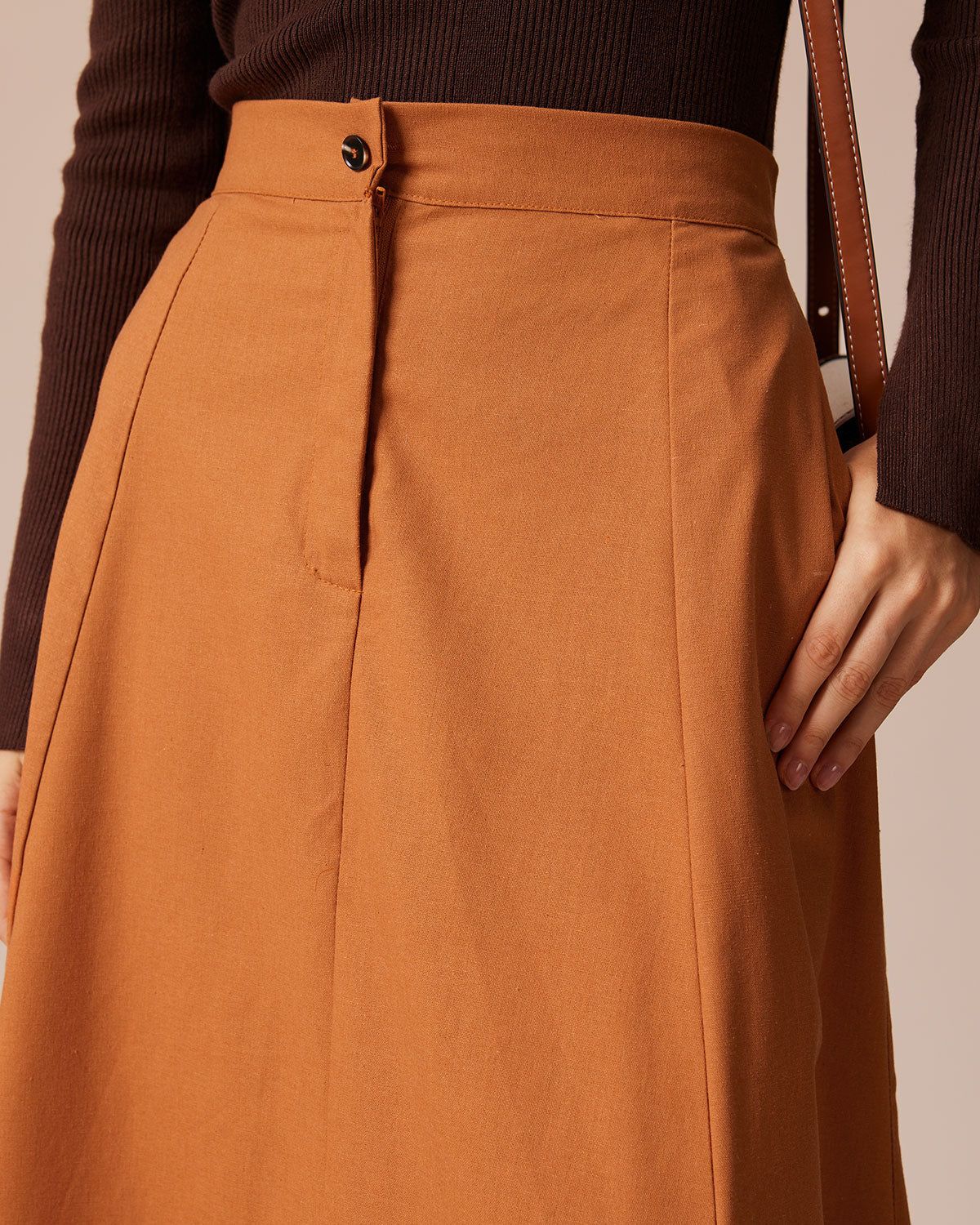 The Orange High Waisted Pockets Midi Skirt sold by rihoas product image thumbnail 4