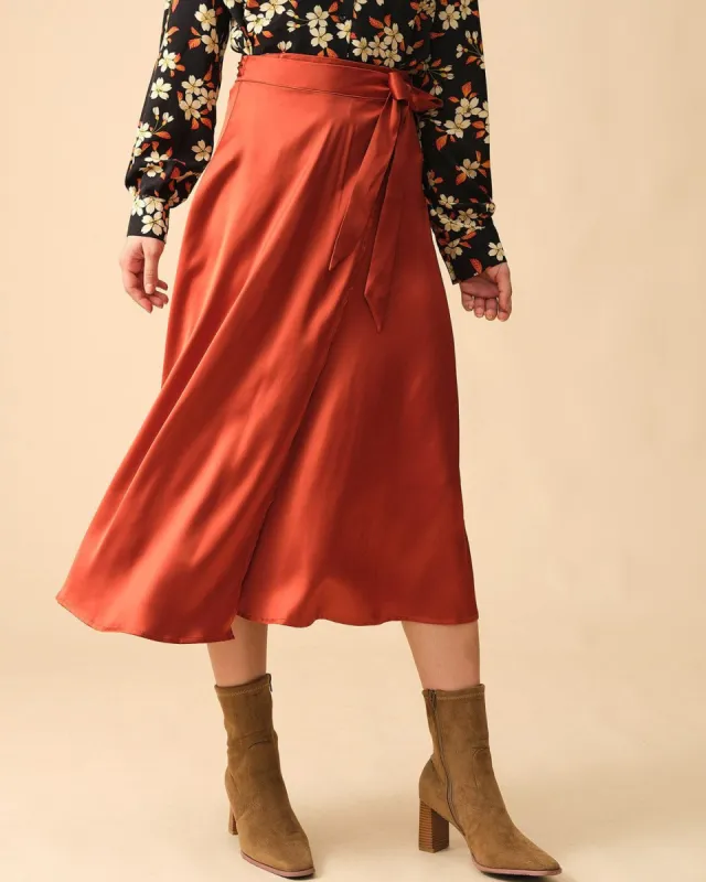 The Solid Satin Tie Waist Skirt sold by rihoas