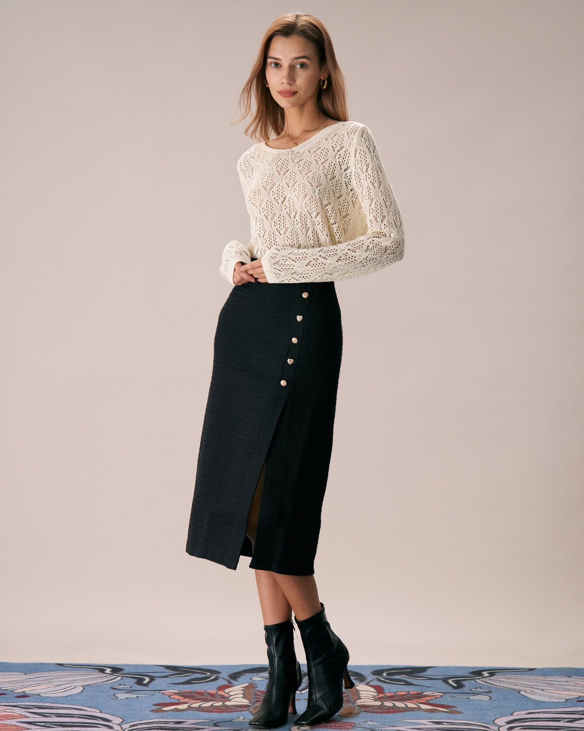 The Apricot V Neck Pointelle Mesh Knit Top sold by rihoas product image thumbnail 4