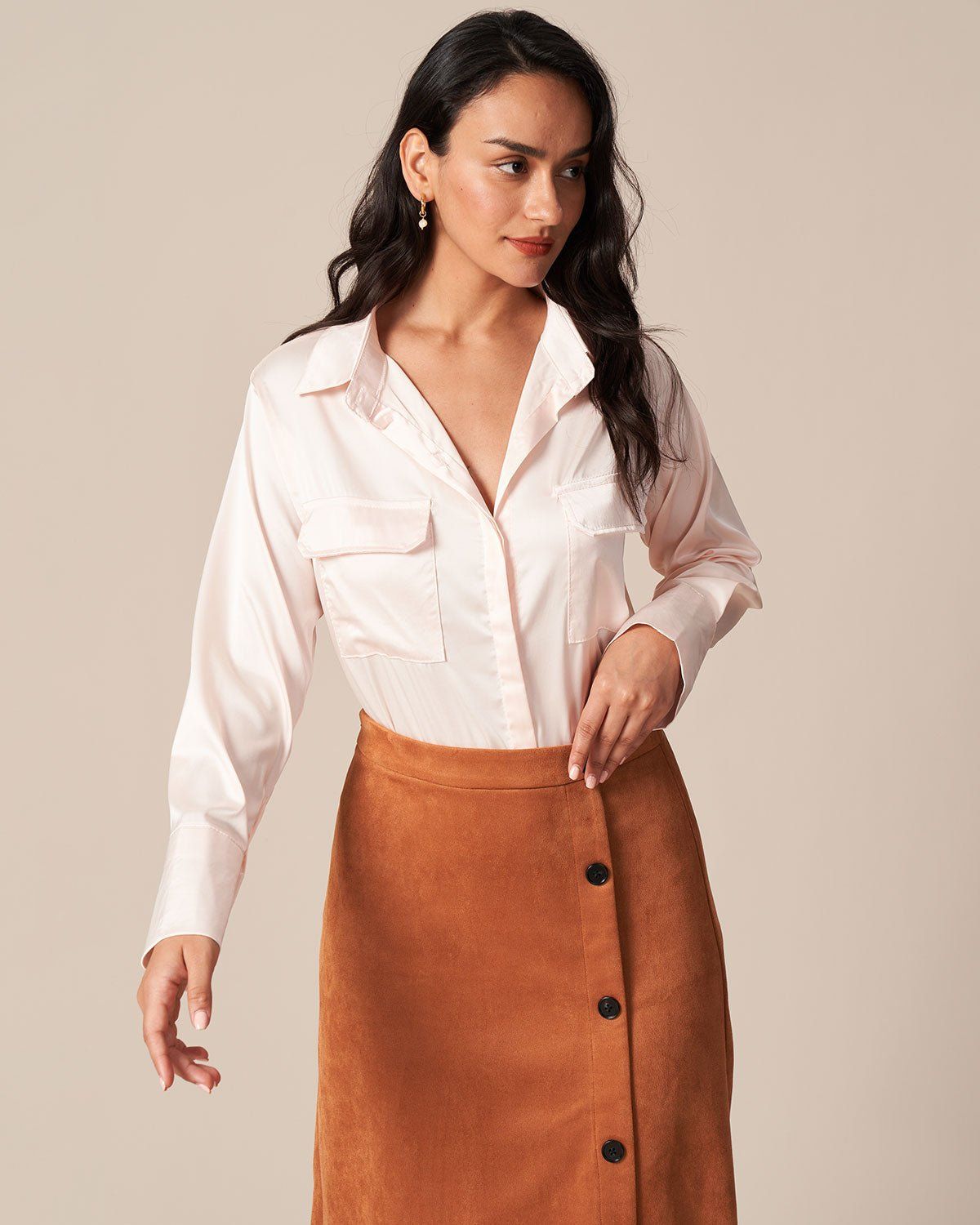 The Pink Lapel Button Long Sleeve Satin Shirt sold by rihoas product image thumbnail 4