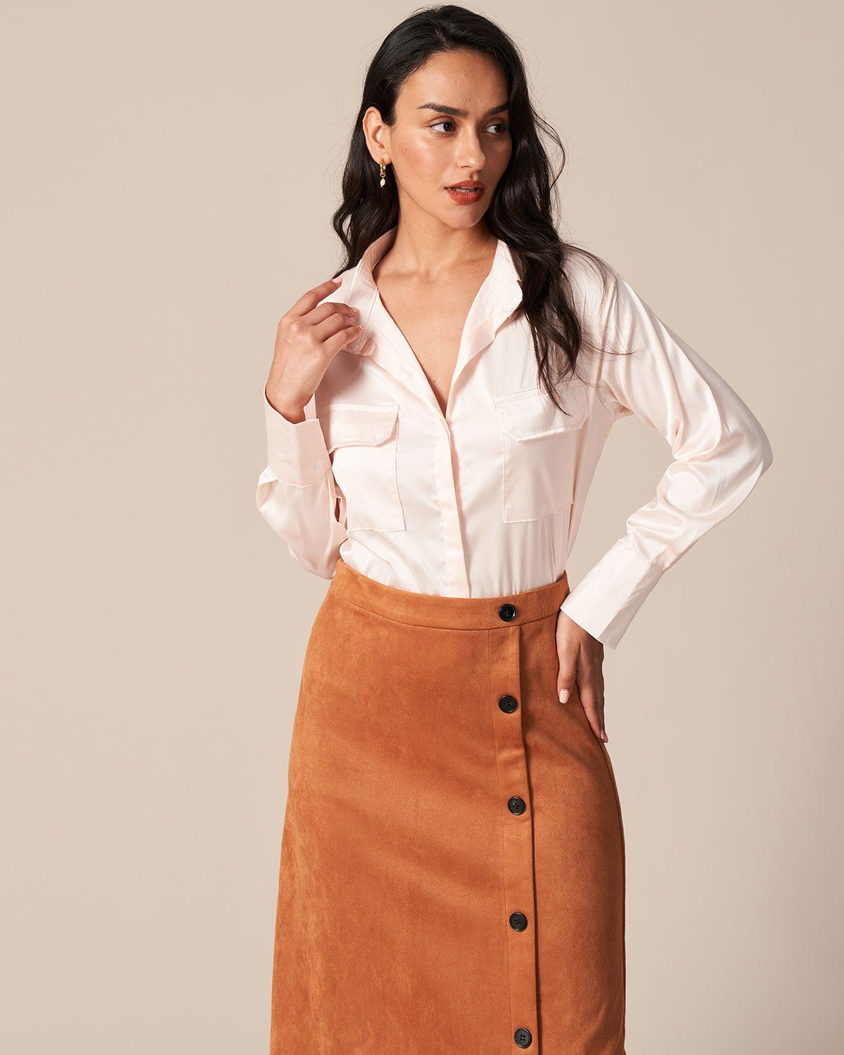 The Pink Lapel Button Long Sleeve Satin Shirt sold by rihoas product image thumbnail 3