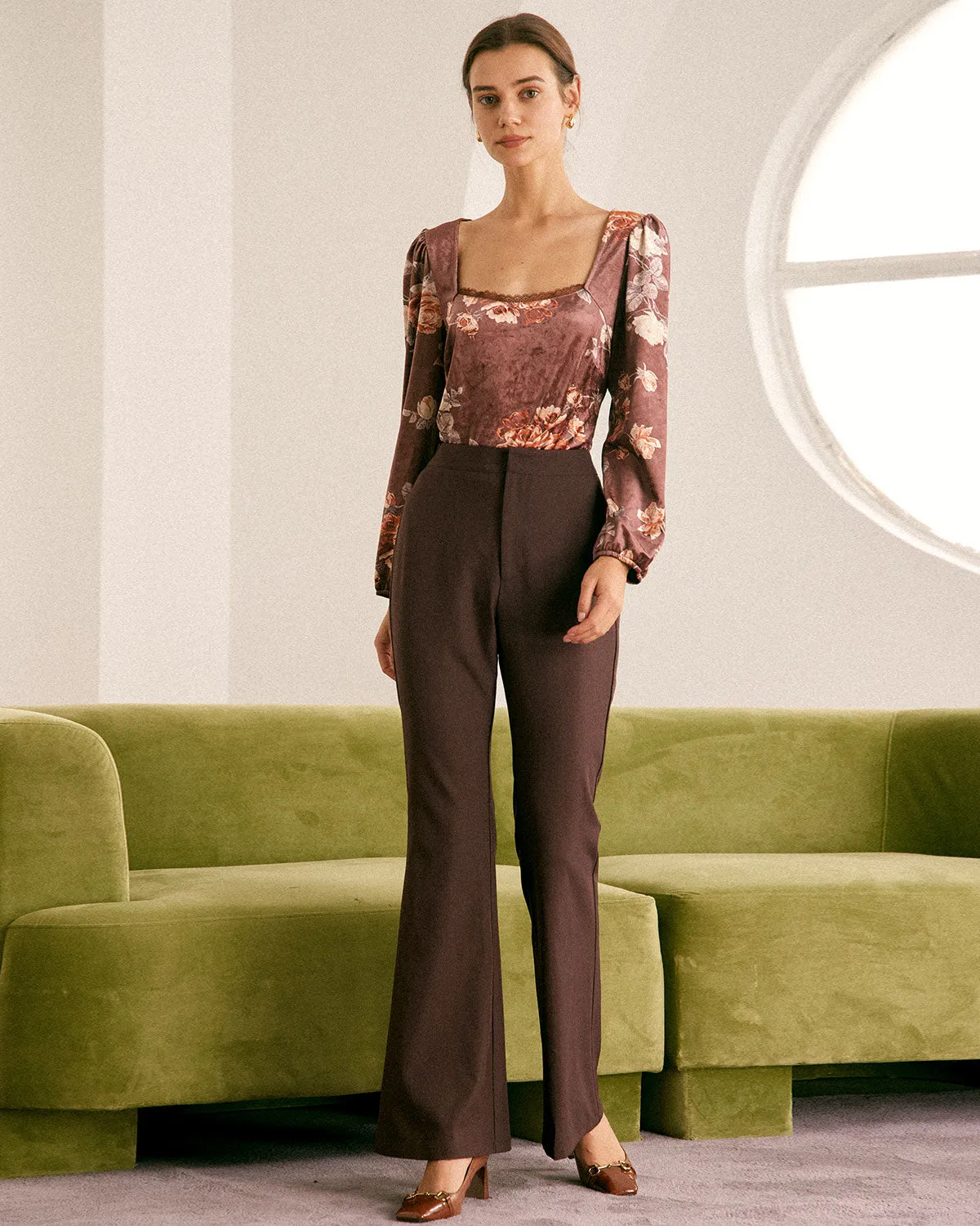 The Brown Square Neck Floral Lace Blouse sold by rihoas product image thumbnail 3