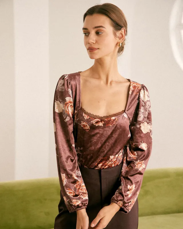 The Brown Square Neck Floral Lace Blouse sold by rihoas