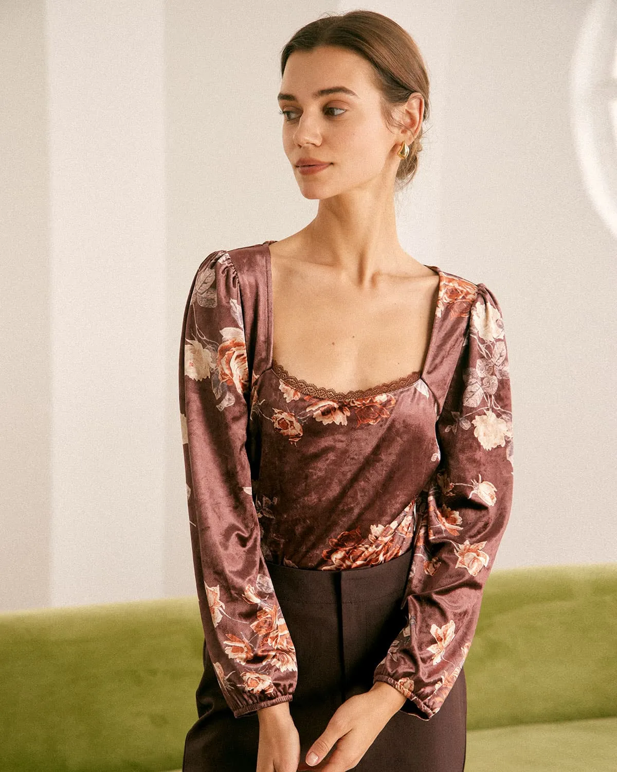 The Brown Square Neck Floral Lace Blouse sold by rihoas