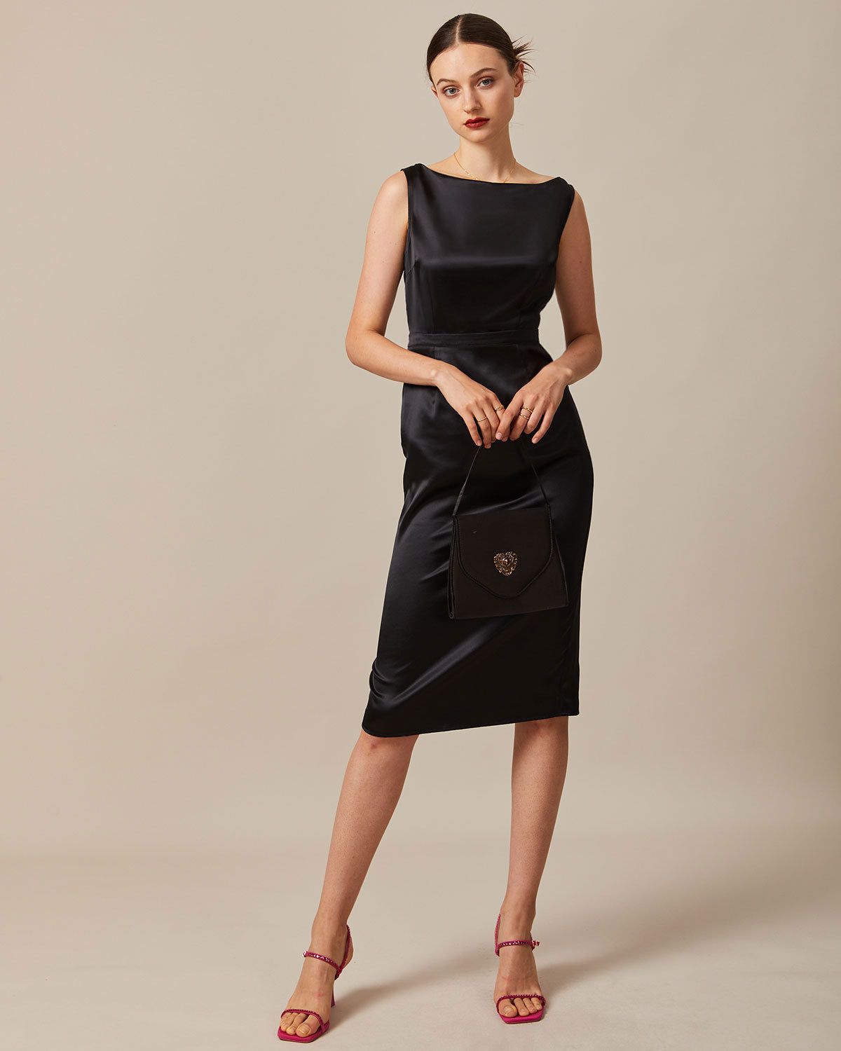 The Black Boat Neck Sheath Satin Midi Dress sold by rihoas