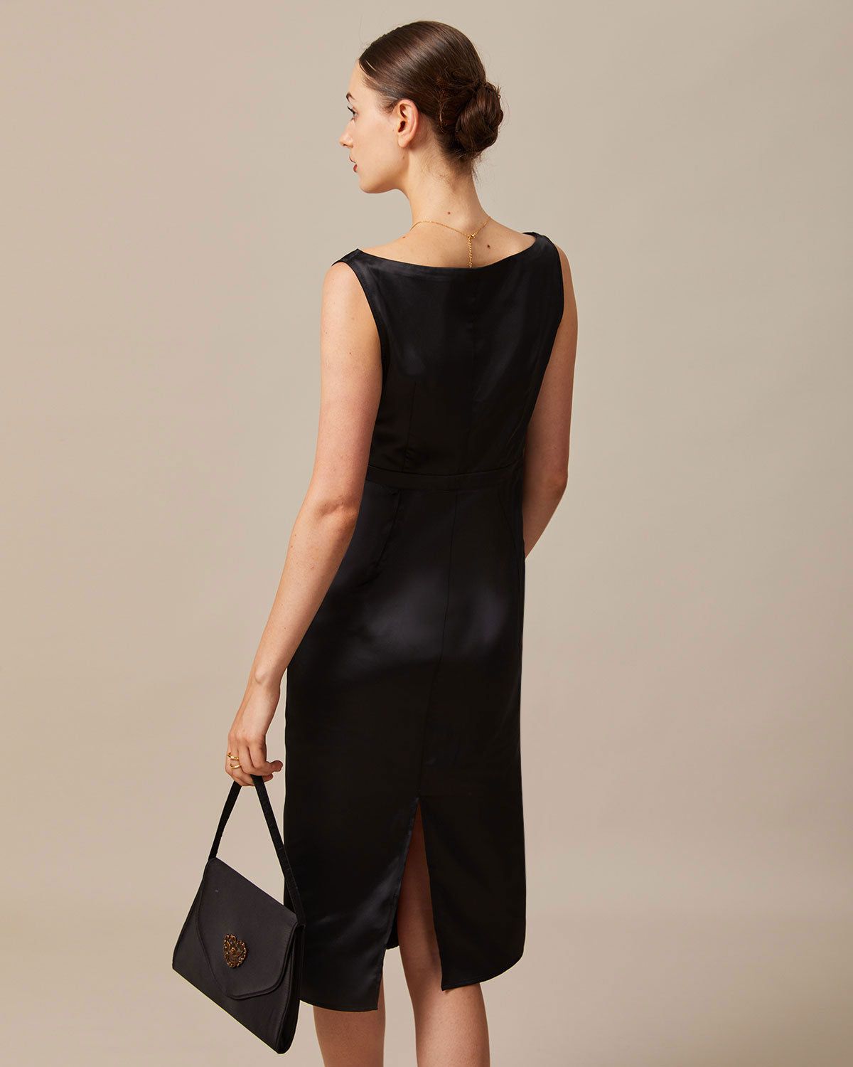 The Black Boat Neck Sheath Satin Midi Dress sold by rihoas product image thumbnail 6