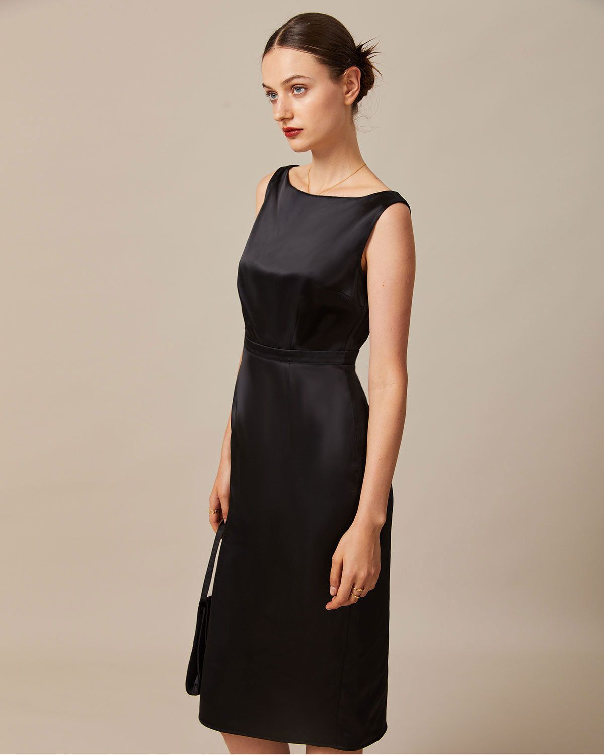 The Black Boat Neck Sheath Satin Midi Dress sold by rihoas product image thumbnail 5