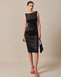 The Black Boat Neck Sheath Satin Midi Dress sold by rihoas