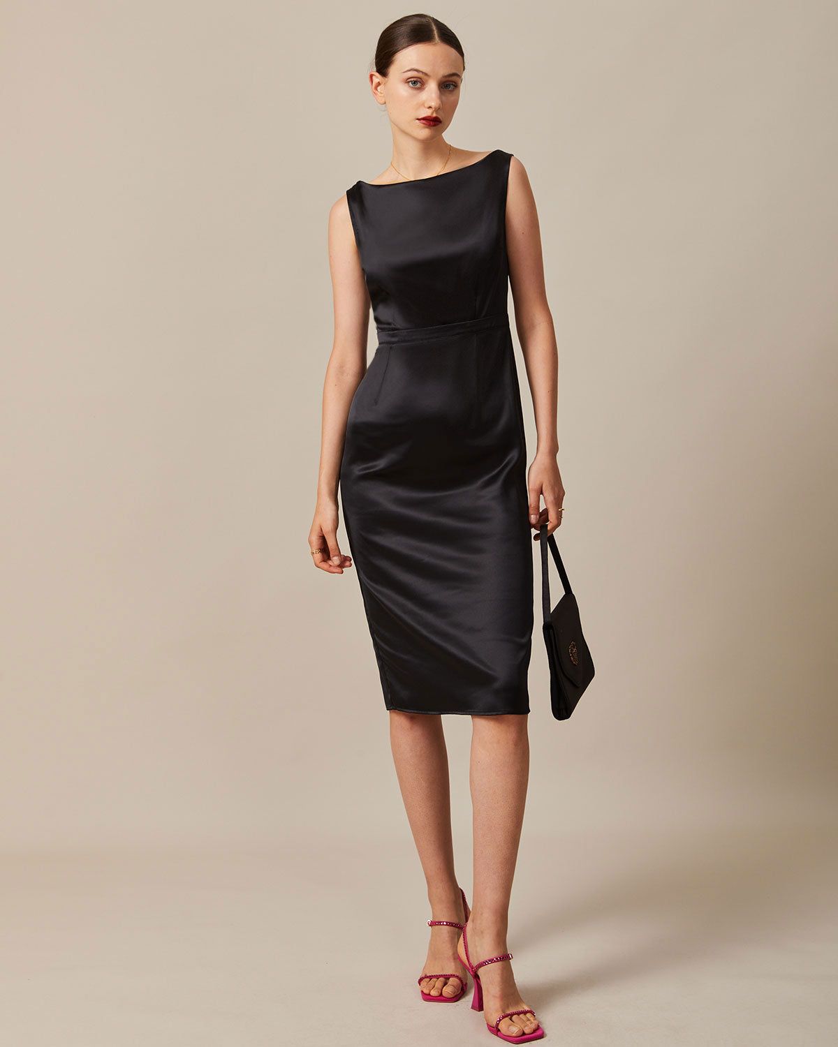 The Black Boat Neck Sheath Satin Midi Dress sold by rihoas product image thumbnail 3