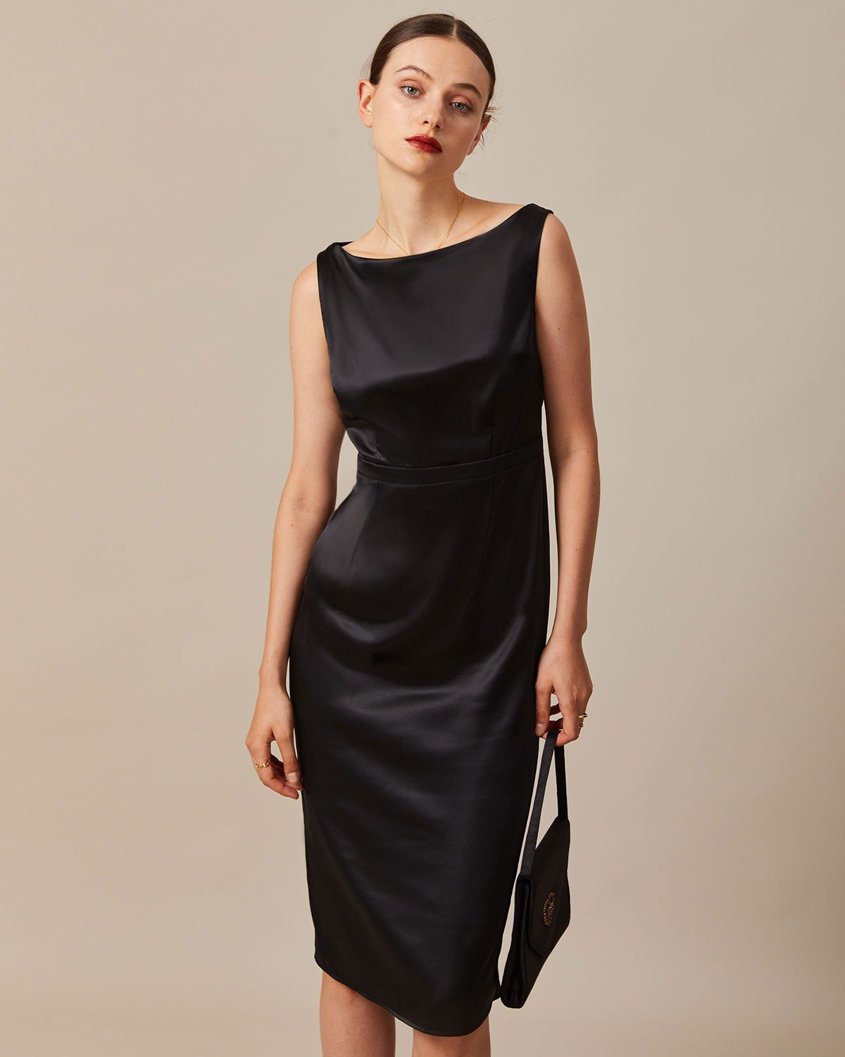 The Black Boat Neck Sheath Satin Midi Dress sold by rihoas product image thumbnail 2