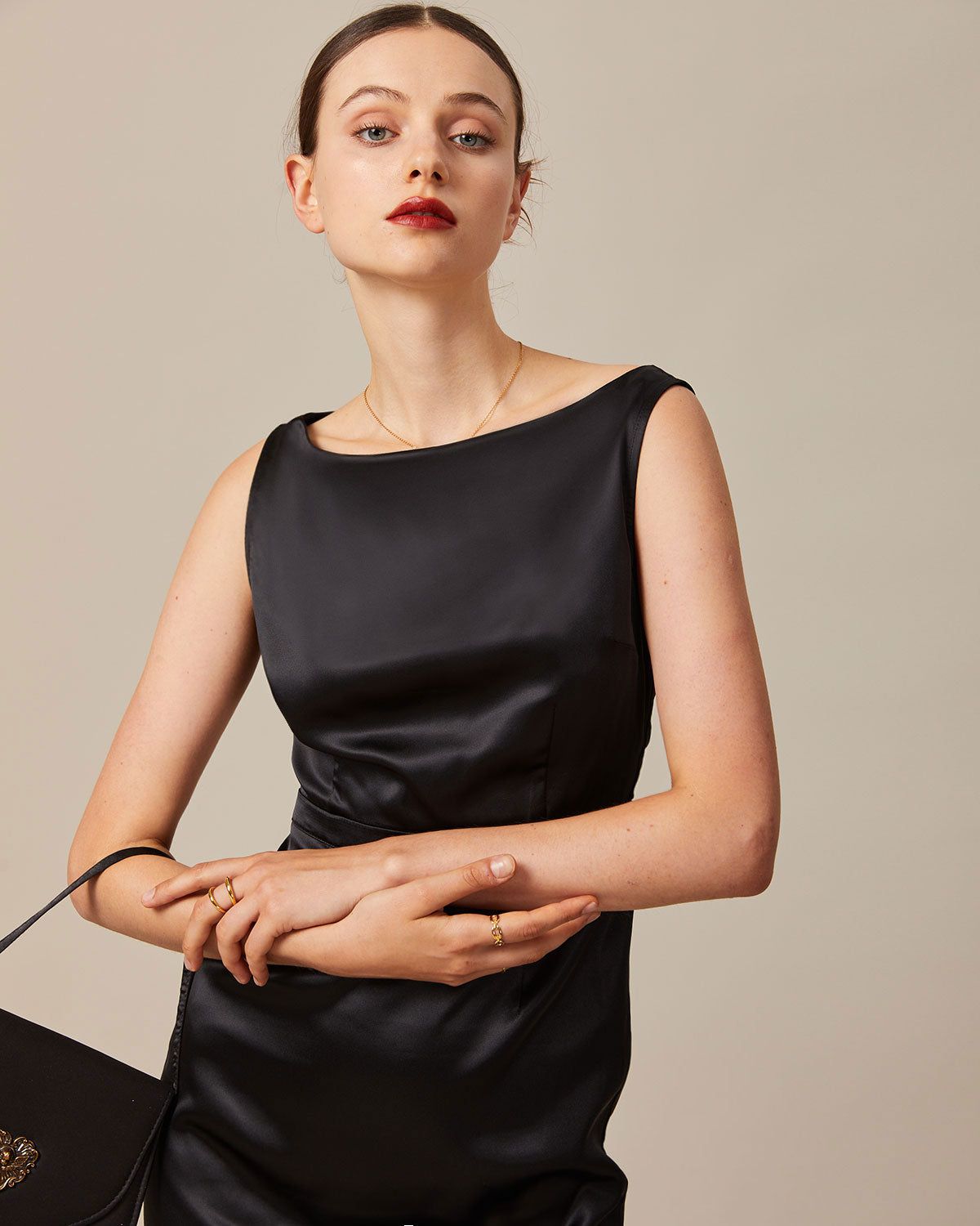 The Black Boat Neck Sheath Satin Midi Dress sold by rihoas product image thumbnail 4