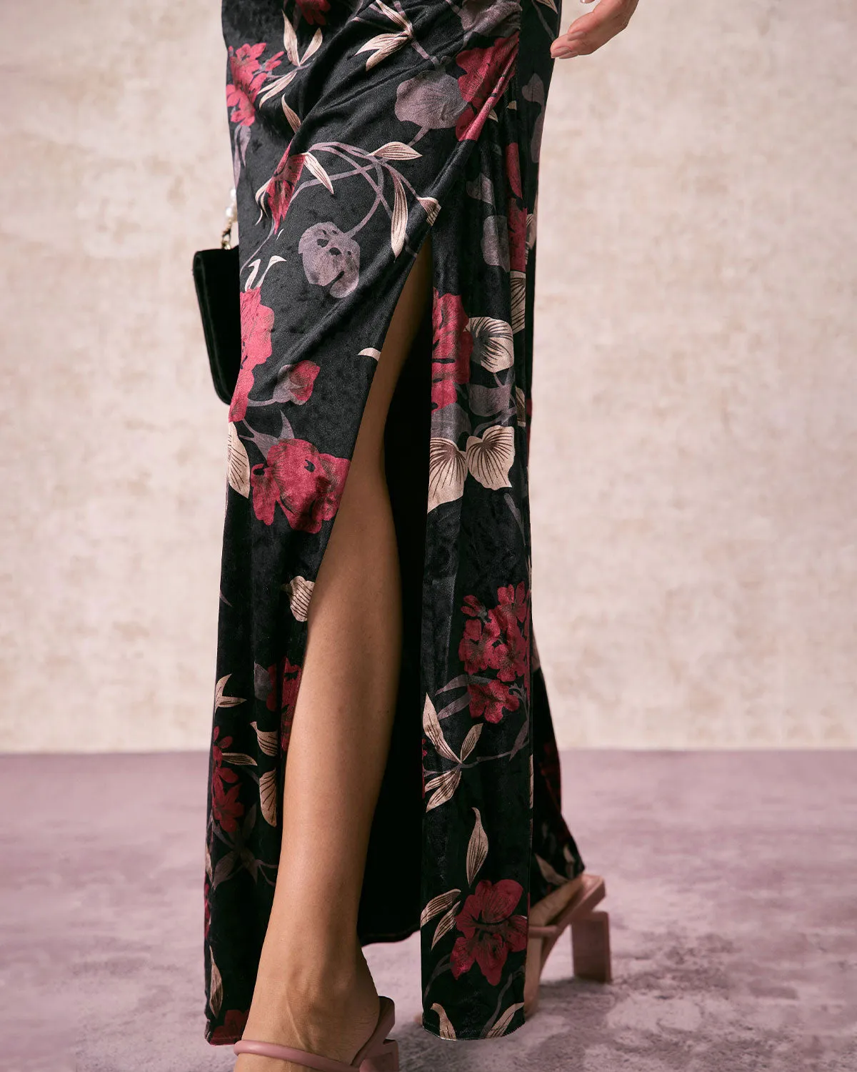 The Black Floral Pearl Slip Velvet Maxi Dress sold by rihoas product image thumbnail 5