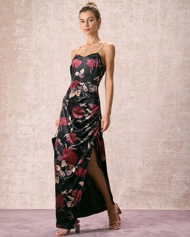 The Black Floral Pearl Slip Velvet Maxi Dress sold by rihoas