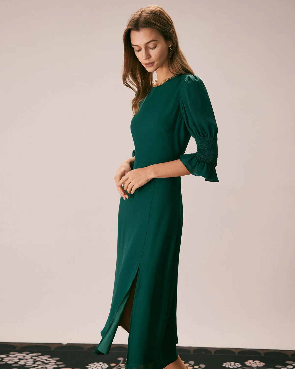 The Green Crew Neck Ruffle Slit Midi Dress sold by rihoas product image thumbnail 4