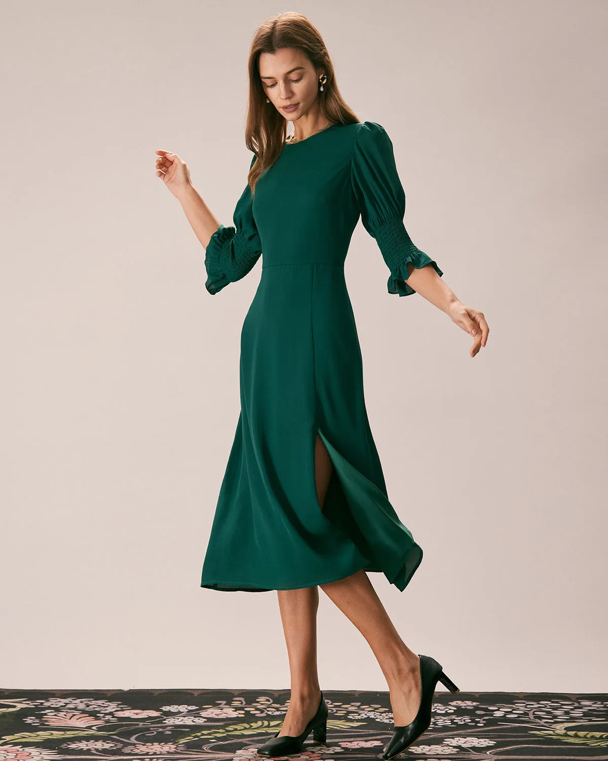 The Green Crew Neck Ruffle Slit Midi Dress sold by rihoas product image thumbnail 5
