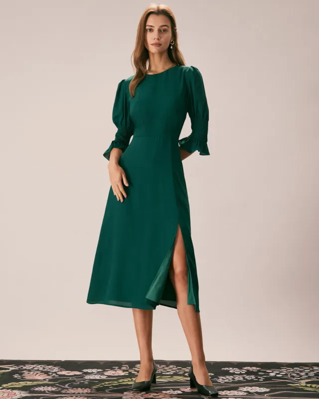 The Green Crew Neck Ruffle Slit Midi Dress sold by rihoas