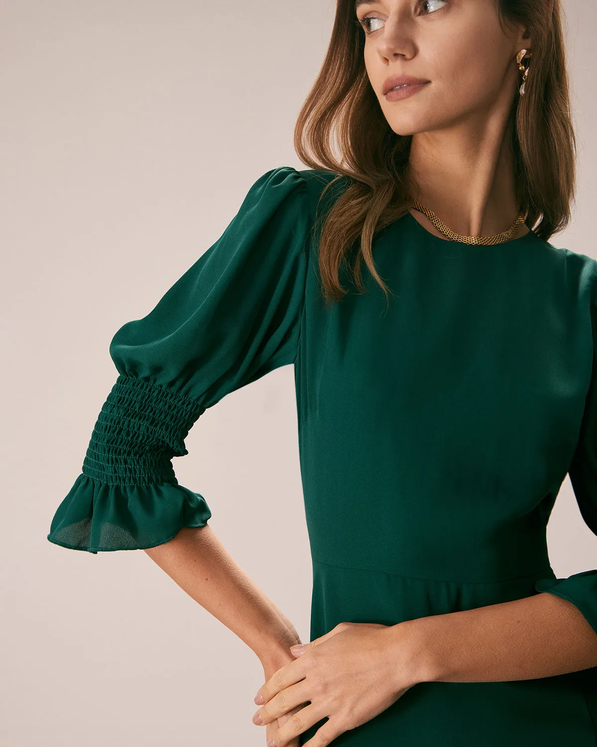 The Green Crew Neck Ruffle Slit Midi Dress sold by rihoas product image thumbnail 2