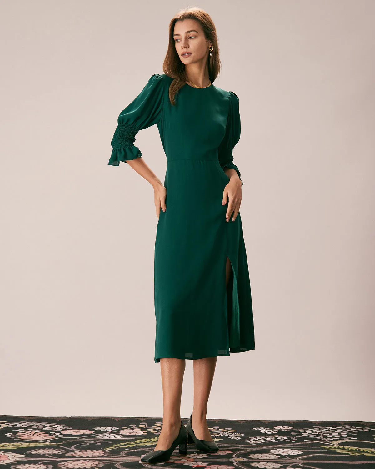 The Green Crew Neck Ruffle Slit Midi Dress sold by rihoas product image thumbnail 3